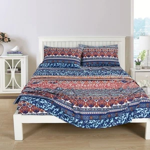 Shore 4-Piece Boho Stripe Bed Sheet Set - Medallion Floral Navy Blue Orange R... - Picture 1 of 9