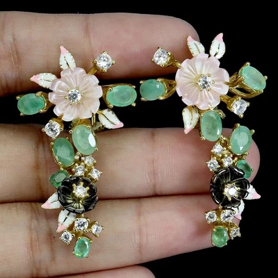 Pendientes de plata de ley 925 ovalados esmeralda 6x4 mm madreperla piedras preciosas joyería Foto 1 de 4