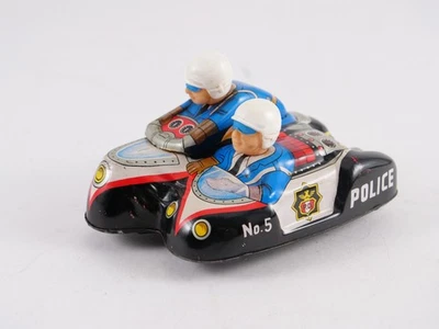 MASUDAYA MODERN TOYS JAPAN TIN FRICTION PD POLICE MOTO side-car en tôle 11,5 cm - Photo 1/4
