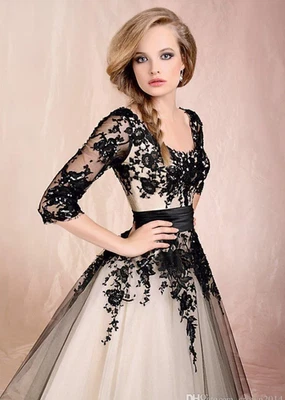 复古茶长海滩婚纱半袖大圆领黑色蕾丝 — 第 1/4 张图片