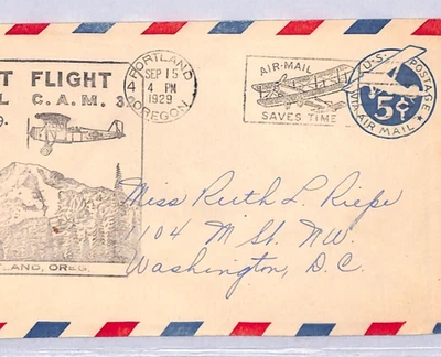 USA Air Mail Cover FIRST FLIGHT Oregon Washington Postal Stationery 1929 YU216 - Image 1 of 4