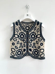 Waistcoat Crochet Vest Top Tank Camisole Boho Navy Blue Cream Button UK 12 - NEW - Picture 1 of 5