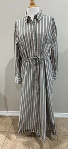 Nordstrom’s Caslon White Green Red Stripe Drawstring Waist Shirtdress SZ 14 NWOT - Picture 1 of 6