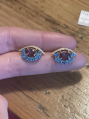 Brincos de ouro rosa 18k com diamante apatita granada rodolita olho - Imagem 1 de 4