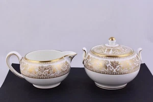 WEDGWOOD FINE BONE CHINA W4219 GOLD FLORENTINE COVERED SUGAR BOWL & CREAMER-NEW - Picture 1 of 8