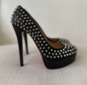 Christian Louboutin Bianca Black Leather Silver Spikes 140 Size 36 Gently Worn - Imagen 1 de 20