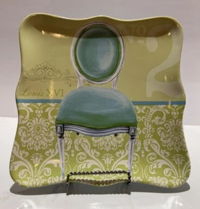 Vintage Louis XVI Blue Chair and Damask Background Ceramic Plaque by Paula Prass - Picture 1 of 4