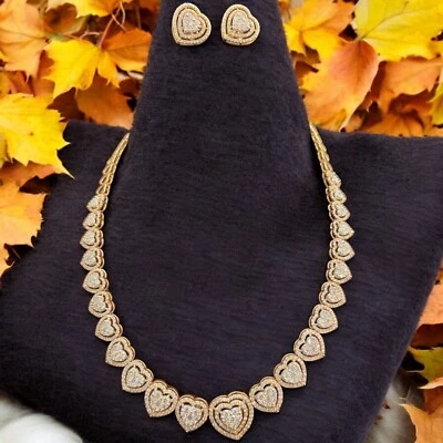 Pave 8.20 Cts Round Brilliant Diamonds Heart Necklace Earrings Set 14K Rose Gold - Image 1 of 4