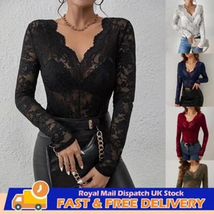 Women Sexy Lace Floral Tops T-Shirt Ladies See-Through Long Sleeve Slim Blouse - Picture 1 of 28