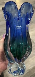 Vintage Royal Gallery Art Glass Vase Blue Green Tulip Design HeavyMade In Poland - Picture 1 of 4