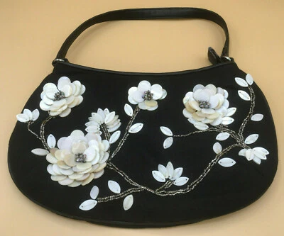 Ann Taylor - Bolsa de mão de linho preto - Flores de madrepérola com miçangas - Rara - Imagem 1 de 4