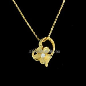Hawaiian Sterling Silver 14k Yellow Gold Plated Heart 10mm Plumeria Pendant CZ - Picture 1 of 2