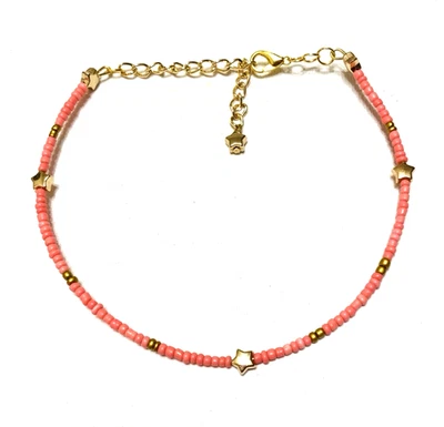 Pulsera tobillera tobillera con cuentas de estrellas doradas color melocotón talla grande L Foto 1 de 2