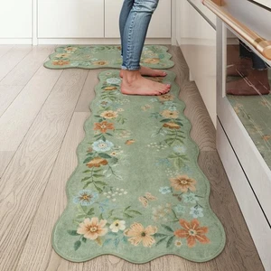 LEEVAN Kitchen Rugs Non Slip Sets of 2,Green Soft Washable Modern Floral Kitc... - Picture 1 of 7