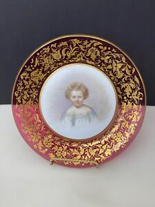 Rare Antique Moser Cranberry Glass Gold Encrusted 8" Plate Hand Painted Portrait