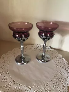 2 Vintage Morgantown Amerthyst Glass Chrome Cocktail Glasses Purple - Picture 1 of 4