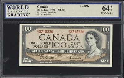 BANK OF CANADA  1954 100 DOLLARS, PICK-82b, WORLD BANKNOTE CERTIFIED CU-64-TOP - Image 1 of 2