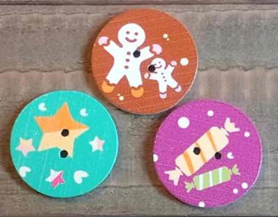 3 Mixed Holiday Sewing Buttons Crafting Round 2 Hole Flat Wood 1"  - Image 1 of 2
