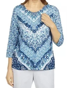 Top Alfred Dunner CLASSICS Azul Estampado Chevron Talla PL NUEVO CON ETIQUETAS - Imagen 1 de 5