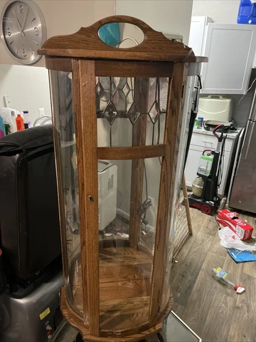 ANTIQUE OAK CURIO CABINET Glass Front CURVED w/ Glass  Accents mirror No Shelves Cover