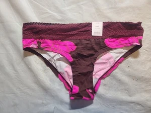 Women's Floral Print Cotton Cheeky Underwear with Lace Waistband Auden Burgundy - Picture 1 of 3