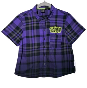Disney HAUNTED MANSION HITCHHIKING GHOSTS PLAID PURPLE SHIRT Size Small - Picture 1 of 6