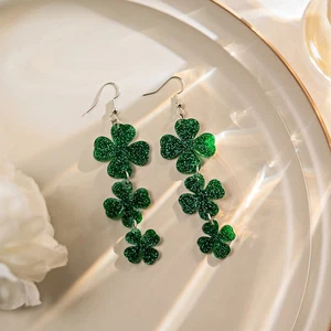 St Patricks Day Irish Earrings Dangle Green Lucky Shamrock Clover Earrings - Picture 1 of 5