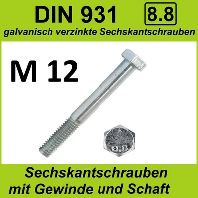 REYHER M12 DIN 931 8.8 Sechskant Schrauben verzinkt Maschinenschrauben ISO 4014 M12