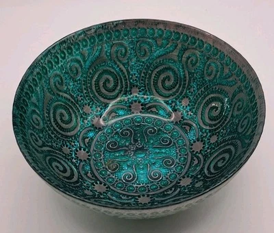 Vintage Decorative Enamel Bowl – Turquoise & Silver Swirl Pattern – Collectible - Image 1 of 2