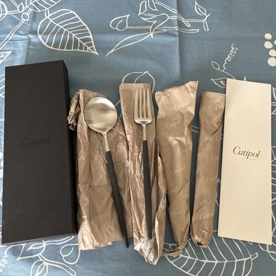 Unused ✨ Cutipol Goa Black & Silver Dinner Spoon Fork Set of 2 - Image 1 of 4