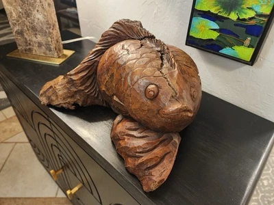 Винтажная редкая азиатская фантастическая рыба кои из цельного тика ручная резьба 24 дюйма - Изображение 1 из 4