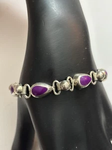 Vintage 925 Mexico Sterling Silver Sugilite Inlay Modernist Ball Bead Bracelet 7 - Imagen 1 de 4