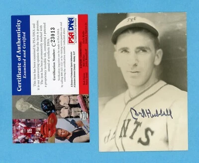 Carl Hubbell NY Giants HOFer Signed 3.5 x 5.5"  B&W Postcard PSA DNA - Image 1 of 2