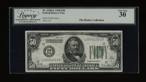 DBR 1928 $50 FRN San Francisco Numeral Fr. 2100-L Legacy 30 Serial L00081060A - Picture 1 of 2