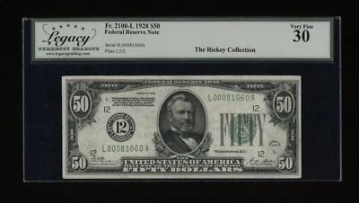 DBR 1928 $50 FRN San Francisco Numeral Fr. 2100-L Legacy 30 Serial L00081060A - Image 1 of 2