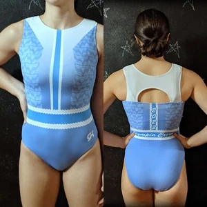 GK Elite Gymnastics Leotard Periwinkle White Printed Keyhole Back Size AS - Picture 1 of 9