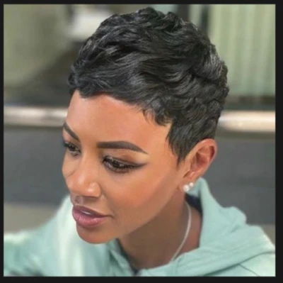 Women's Natural Human Hair Wig Short Black Wave Glueless Pixie Cut Wigs Soft - Image 1 of 4