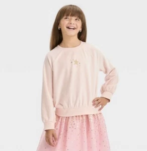 Cat & Jack Girl’s XS 4/5 Sweatshirt Light Peach Pink Velour Pullover Crew New - Picture 1 of 2