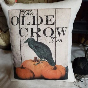 VINTAGE PRIMITIVE VICTORIAN FARM STYLE HALLOWEEN OLDE CROW INN PUMPKIN  PILLOW - Picture 1 of 7