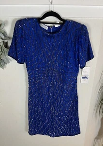 Pailletten Kleid Vintage Felicity royalblau Gr. S-M Made India gefüttert 100% Seide - Bild 1 von 12
