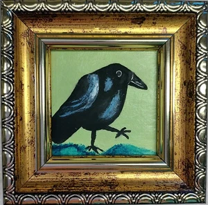Krähe Gemälde Vogel 2x2 Ölgemälde Rabe Wandbild Goldgemälde gerahmt - Bild 1 von 9