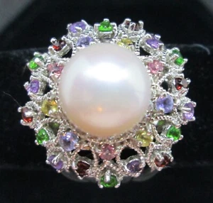 Freshwater Pearl Sterling Silver JTV Size 8 Ring Multicolor Side Stones Gems - Picture 1 of 7