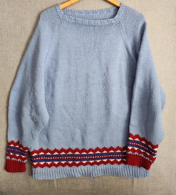 Hecho a mano grueso tejido azul claro y rojo Fair Isle XXL unisex Foto 1 de 4