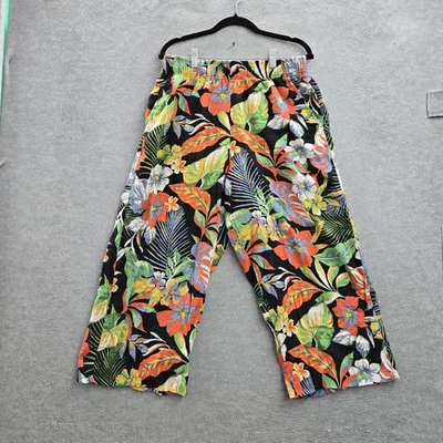 C&C California Women Pants L Black Linen Rayon Floral Wide Leg Capri 23" READ - Image 1 of 4