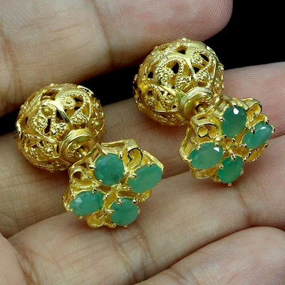 925 Sterling Silver Earrings Oval Emerald 5x4mm Natural Gemstone Jewelry - Image 1 of 4