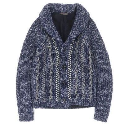 ETRO 男式夹克羊毛羊皮丝绸衬里 V 领皮革装饰电缆针织 — 第 1/4 张图片