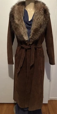 Vintage Avanti Womens Suede Leather Penny Lane Long Coat 10 Faux Fur Collar Brow - Image 1 of 4
