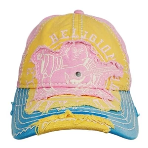True Religion Cap Hat Distressed Pink Blue Yellow Buddha Y2K Vintage - Picture 1 of 12