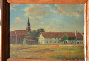L. Huber Bjg. Pennsylvania German Barn Church Ölgemälde auf Karton 18" 1946 - Bild 1 von 9