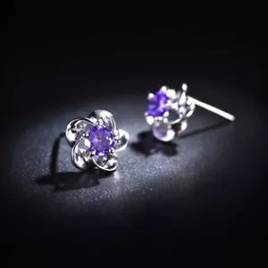 Flower Style Woman Natural Purple Amethyst Gems Silver Woman Stud Hook Earrings - Picture 1 of 4